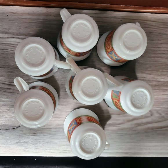 CORELLE Sand Art (7) Ceramic Coffee Cups in Orange and Green Design - Picture 5 of 6